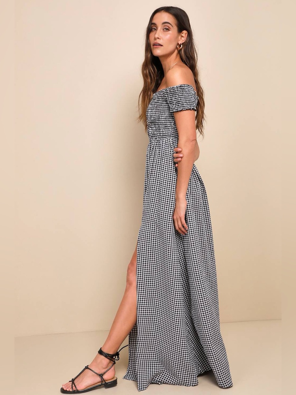 NWT Lulus Patsy Black and White Gingham Off-the-Shoulder Dress Size Medium - Picture 3 of 12